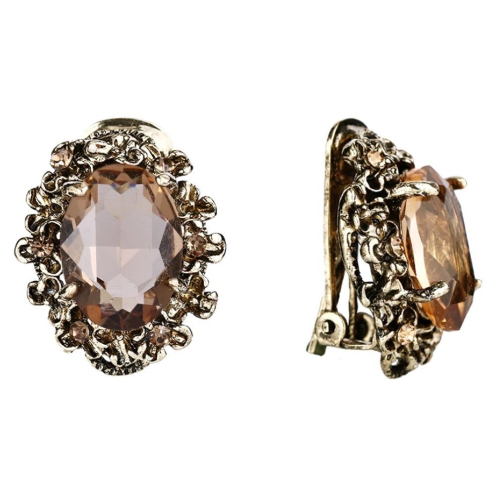 Antique Yellow Gold with Champagne Topaz Austrian Crystal Cameo Clip On Earrings